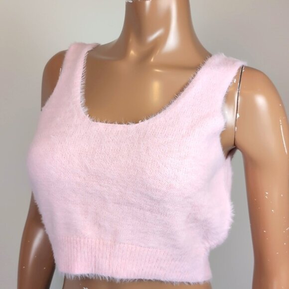 Pieces Pink Fuzzy Knit Crop Top Sleeveless Tank Faux Fur Barbie ASOS Size XL - Picture 5 of 9